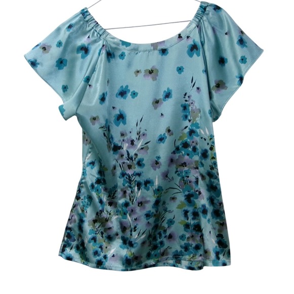 Apt 9 Womens Teal Floral Satin Blouse Short Flutter Sleeve Scoop Neck Medium - Picture 3 of 3